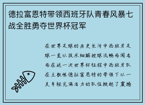 德拉富恩特带领西班牙队青春风暴七战全胜勇夺世界杯冠军